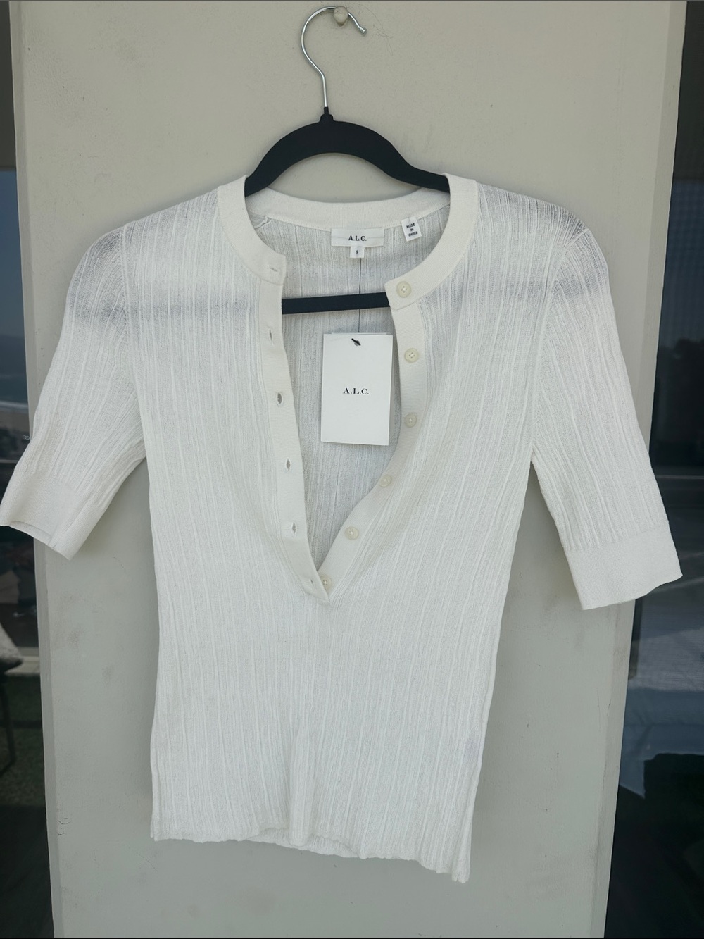 A.L.C. Ivory Ribbed Short Sleeve Button-Up Top